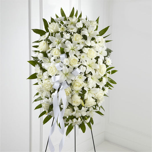 Exquisite Tribute Standing Spray-White Ribbon – For The Love Of Flowers, Johns Island SC