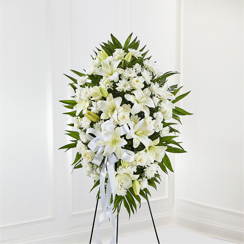 Exquisite Tribute Standing Spray-White Ribbon – For The Love Of Flowers, Johns Island SC