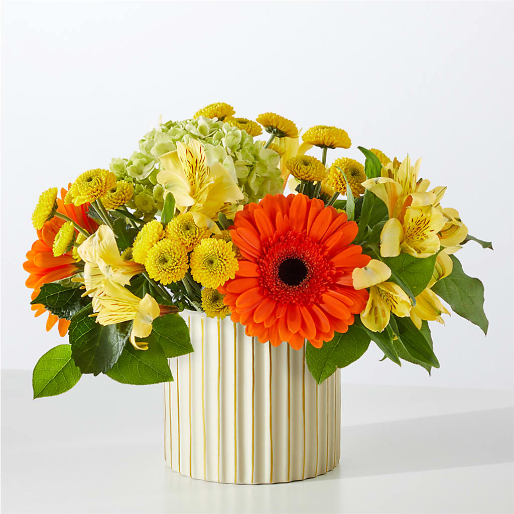 Autumn Sunshine Bouquet with Ivory Vase – For The Love Of Flowers, Johns Island SC