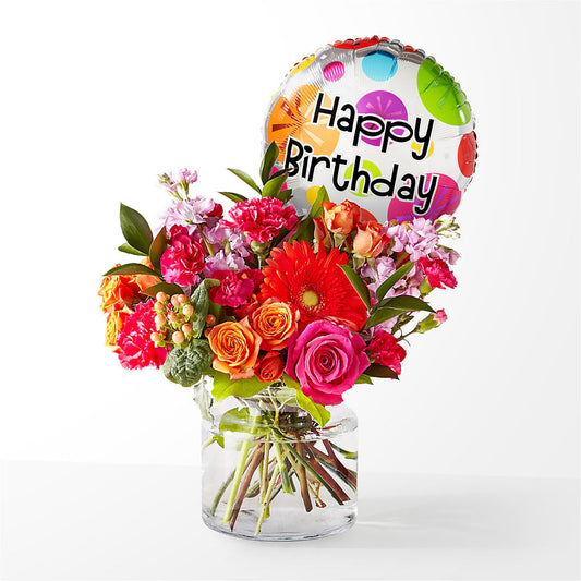Fiesta Bouquet with Birthday Balloon –  For The Love Of Flowers, Johns Island SC