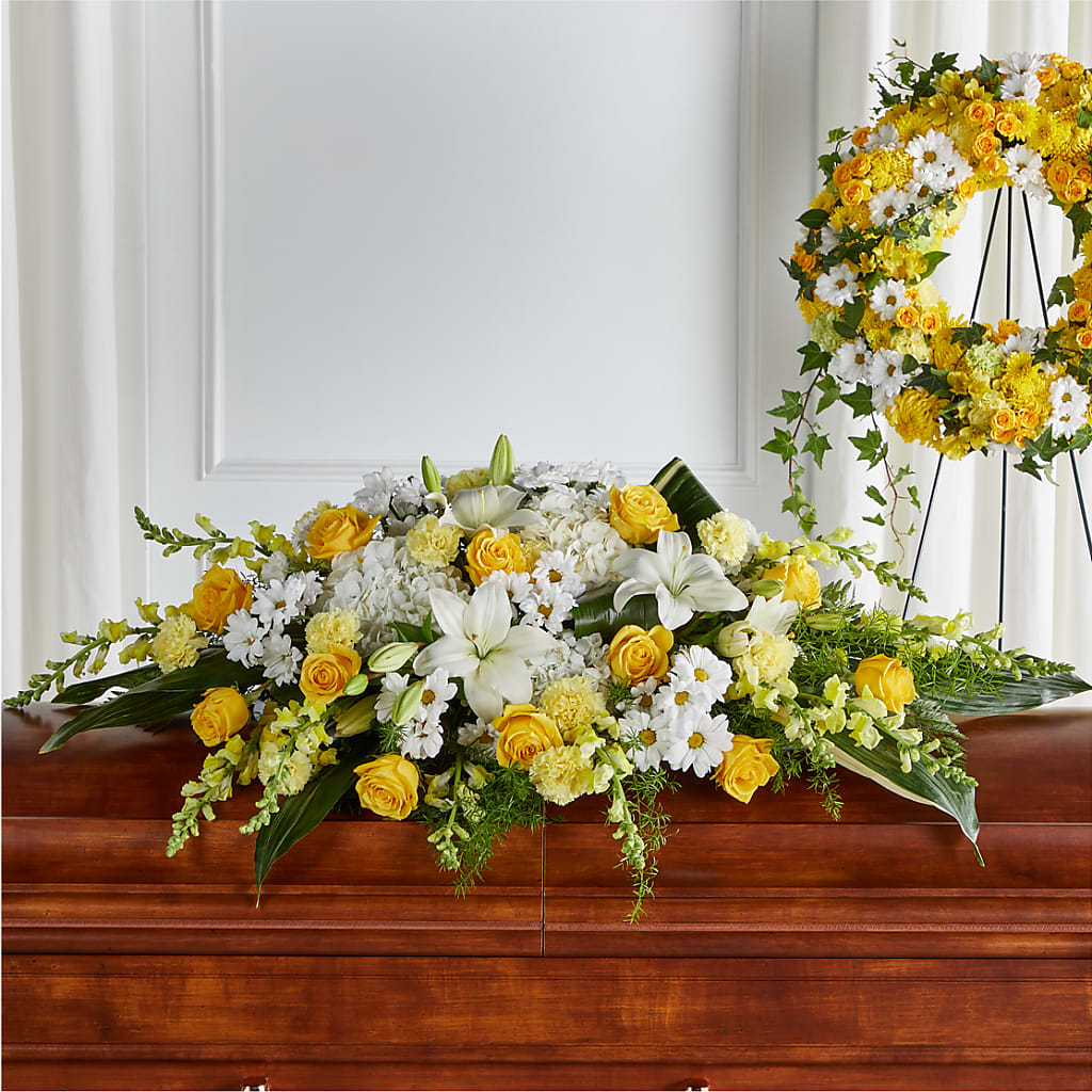 Golden Harmony Casket Spray –  For The Love Of Flowers, Johns Island SC