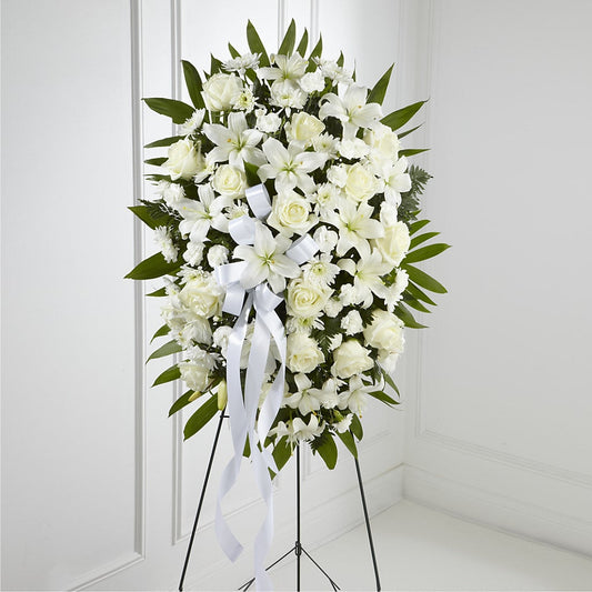 Exquisite Tribute Standing Spray-White Ribbon –  For The Love Of Flowers, Johns Island SC