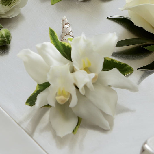 White Mini Cymbidium Boutonniere –  For The Love Of Flowers, Johns Island SC